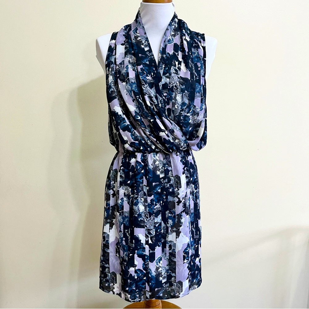 Parker Faux Wrap Mini Dress in a Sonoma Purple Gray Floral Stripe Print Size XS